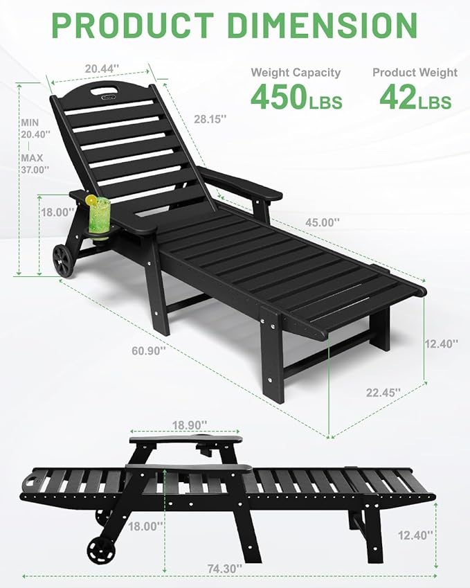 Lounge Chair Outdoor Set of 4 with Wheels, Adjustable 6-Position Chaise Lounge Outdoor, Patio Lounge Chair for Poolside Backyard, Black