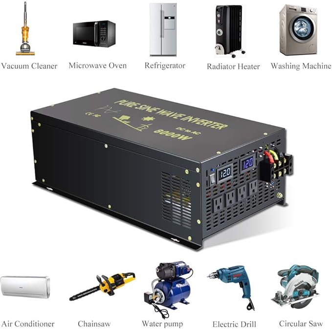 WZRELB 8000W 12V AC to 120V DC Pure Sine Wave Solar Power Inverter - RV, Camping, Solar System