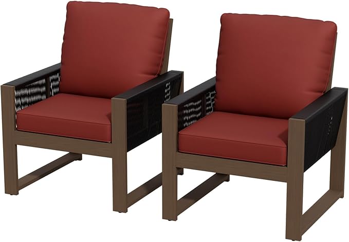 COOS BAY Natural Cedar Wood Patio Chair with Cushions, Durable Outdoor Furniture, Patio Dining Armchair for Deck, Porch, or Garden, 2 Pieces, Brownish/Red