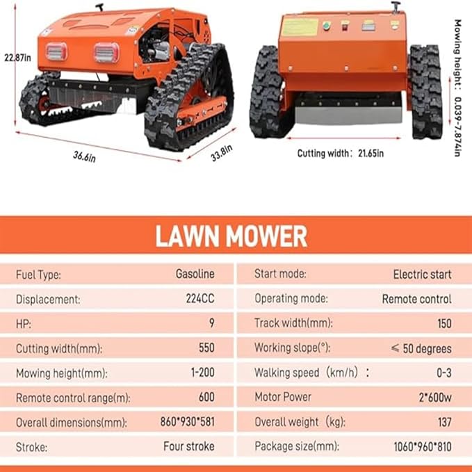Gasoline Powered Remote Control Lawn Mowerwith Snow Plow, 9HP Crawler Mower with 600m Range for Steep Hills and Orchards (Orange)