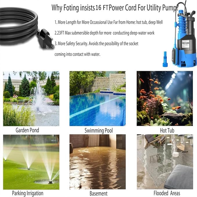 FOTING 1.5HP Sump Pump Automatic & Maunal Mode,with Float Switch, 5000GPH Big Flow Clean & Dirty Submersible Water Pump, 16FT Electric Utility Pump for Pool Draining Hot Tub Garden Basement