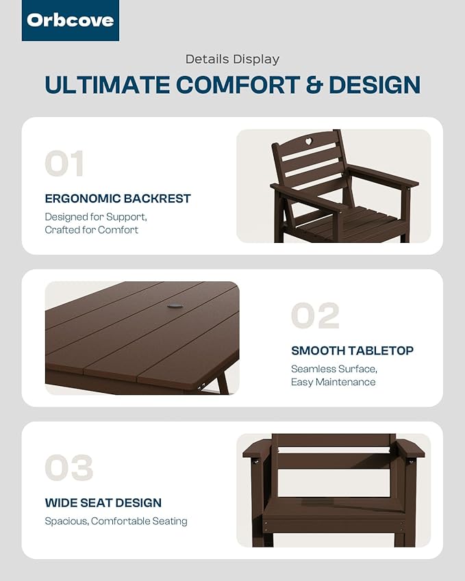 Patio Table and Chairs Set with Umbrella Hole, HDPE Patio Dining Set for 4, Outdoor Dining Set for Lawn, Patio, Porch, Deck, Poolside, Yard (Mahogany, 5-Piece)