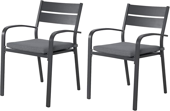 Soleil Jardin Outdoor Aluminum 2-Piece Patio Dining Chairs with Cushions, Stackable Bistro Chairs for Balcony, Garden, Backyard, Dark Grey Finish & Grey Cushion