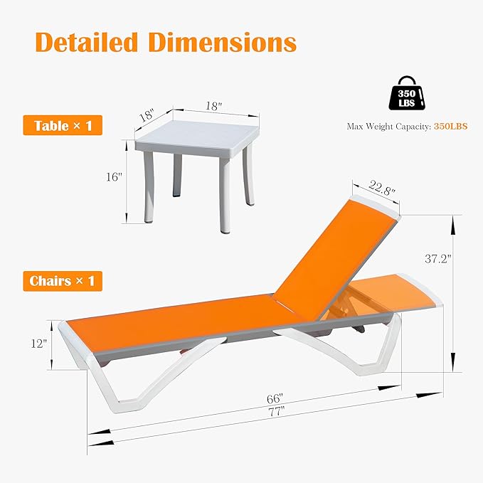 Domi Outdoor Lounge Chair, Aluminum Patio Chaise Lounge with 5 Position Adjustable Backrest and Wheels, All Weather Reclining Chair with Side Table for Patio, Yard,Balcony,Poolside (Orange)