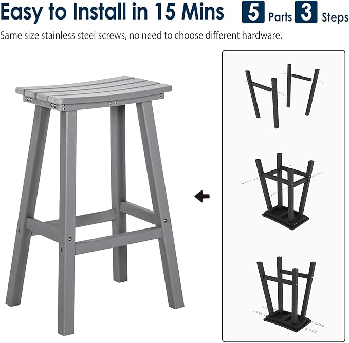 nalone 29 Inch Outdoor Bar Stools Set of 2, HDPE Bar Chairs with Footrest, Weather Resistant Barstools Outside Counter Height Stools for Yard, Balcony (Grey, 29'' Barstools Set of 2)