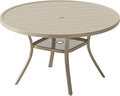 VICLLAX Outdoor Patio Round Dining Table, 47"x 47" Metal Slatted Round Tabletop with Adjustable Umbrella Hole for Deck Lawn Garden Backyard, Sandshell