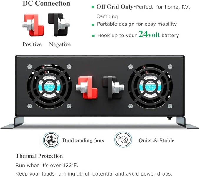 WZRELB 2000W 24V 120V Pure Sine Wave Power Inverter with 2 AC Outlets,Car Inverter