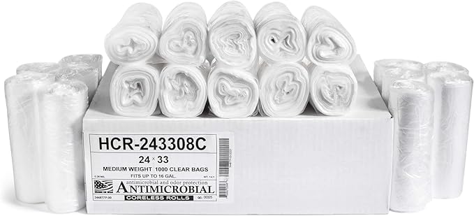 Aluf Plastics High Density Trash Bags, 16 Gallon, 1000 Count, 8 Micron (eq), 24" x 33", Clear, for Bathroom, Office, Industrial, Commercial, Janitorial, Municipal, Recycling