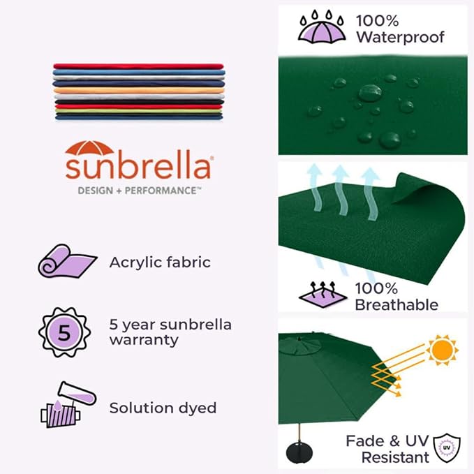 Midtown Umbrellas The Swilt 10 Feet Patio Umbrella in Sunbrella Forest Green Acrylic Fabric - Fiberglass Ribs, Auto-Tilt Aluminum Frame For Backyard, Deck, Garden, Pool - White Pole