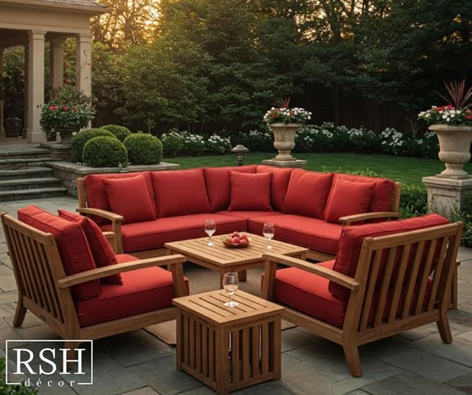 RSH DECOR Deep Seating Cushion with Pillow Back | 22” x 25” x 5" Seat | Water and Fade-Resistant Spun Fabric | Made in USA | Outdoor Chair Cushion Set for Patio Furniture (Red)
