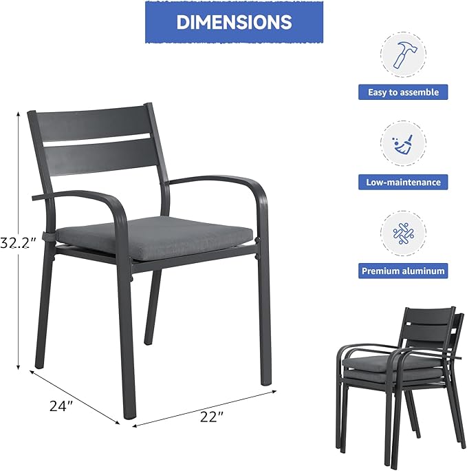 Soleil Jardin Outdoor Aluminum 2-Piece Patio Dining Chairs with Cushions, Stackable Bistro Chairs for Balcony, Garden, Backyard, Dark Grey Finish & Grey Cushion
