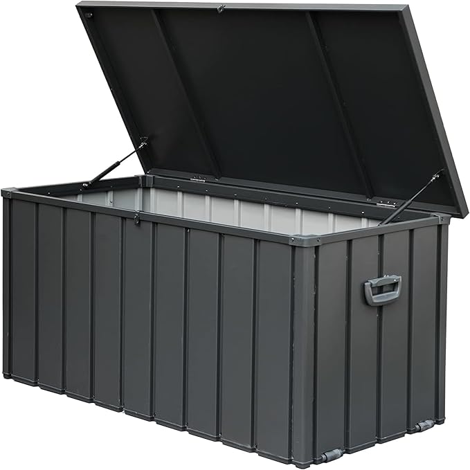 100 Gallon Outdoor Deck Box Lockable Metal Indoor Outdoor Storage Container with Side Handle, Waterproof Storage Box with Rolling Castors for Patio Garden Tools, Pools Equipment, Cushions, Gray