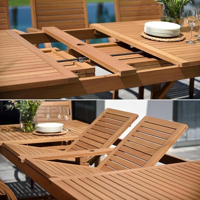 Amazonia Jefferson 9-Piece Patio Extendable Dining Table Set | Teak Finish & Light Grey Wicker Chairs with Cushion | Ideal for Outdoors and Indoors