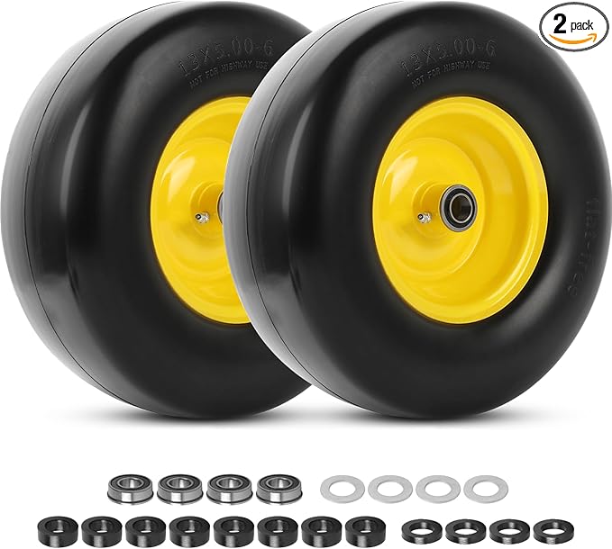 AR-PRO (2-Pack) 13x5.00-6 Flat Free Lawn Mower Tire and Wheel- Solid Smooth Tread Replacement Front Tire for Riding Zero Turn Mowers, Garden Tractors – 3/4" and 5/8" Bearings, 3.25"-5.9" Centered Hub