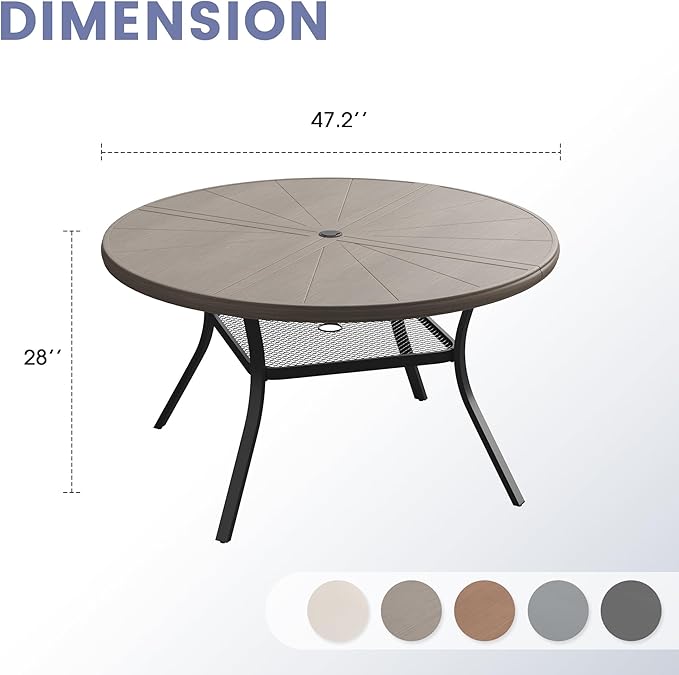 VICLLAX Outdoor Patio Round Dining Table, 47.2"x 47.2" Aluminum Tabletop with Storage Shelf for Deck Lawn Garden Backyard, Antique Grey
