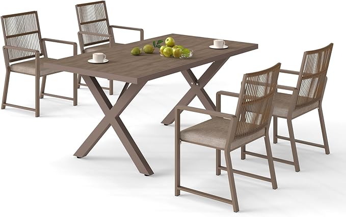 5 Pieces Aluminum Outdoor Dinning Set Featuring 1 Tables and 4 Ratten Chairs Waterproof and Rust-Proof Courtyard Style Table Garden/Balcony/Poolside, Light Brown 5Pcs