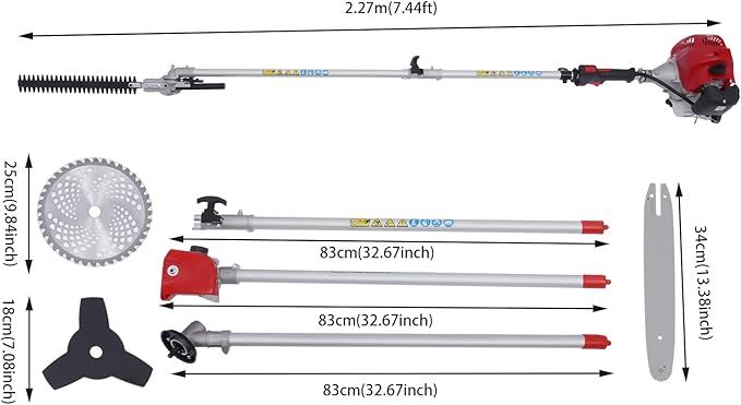2 Stroke Gas Hedge Trimmer 1.9HP 52CC Air-Cooled Gasoline Brush Cutter Weed Wacker 4 in 1 Multifunction Straight Shaft Gas Grass Trimmer Pole Saw for Weeding, Hedge Trimming, Branch Cutting