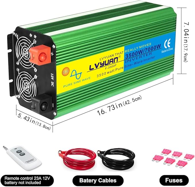 LVYUAN 3500W Pure Sine Wave Inverter DC 24V to AC 110V/120V Car Inverter with 4 AC Outlets USB Port for Camping/Truck/RV/Solar System/Travel Camping