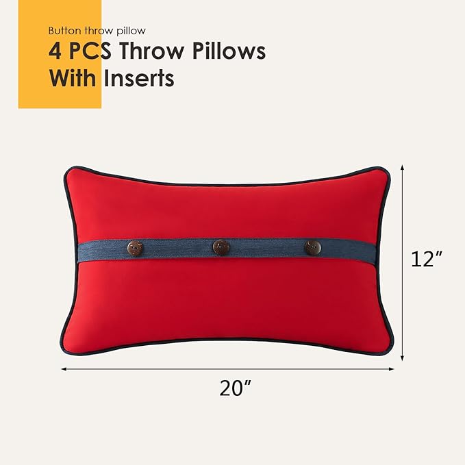 Outdoor Sunbrella Decorative Pillows with Triple Coconut Buttons Pack of 4, 20" x 12" Outdoor Pillow Set for Couch Bed Throw Patio Sofa, Canvas Logo Red/Specrtum Indigo