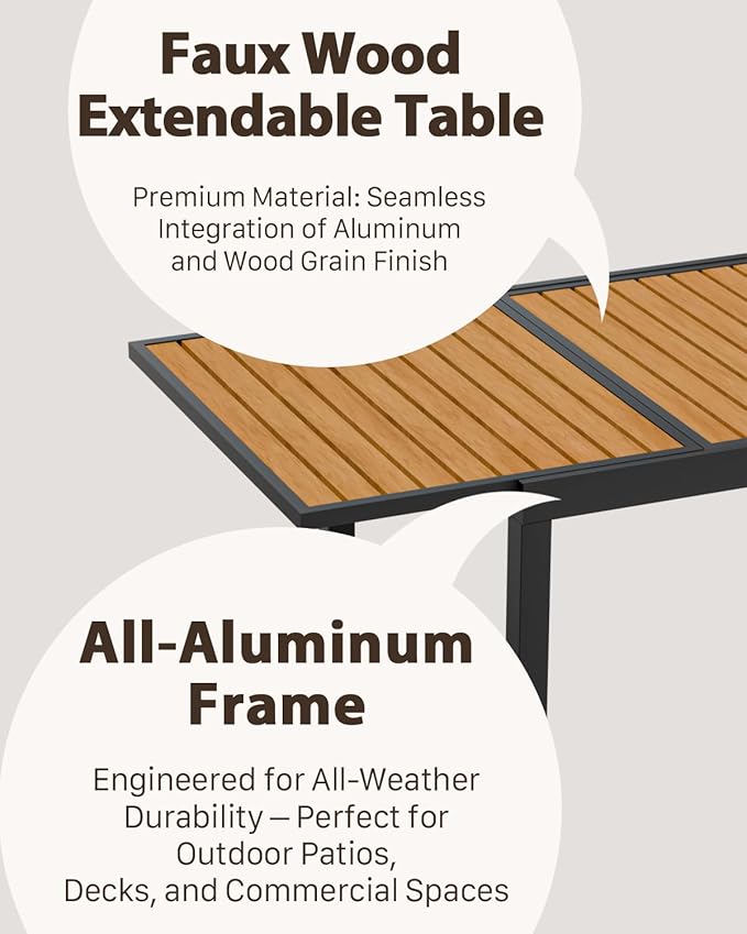 ZANDOR Expandable Outdoor Dining Set for 4-6-8,Patio Table and Chairs Set with Wood Top for Garden,Backyard,Porch,55"-82.7" Extendable Aluminum Outdoor Table Set with 8 Chairs,Grey