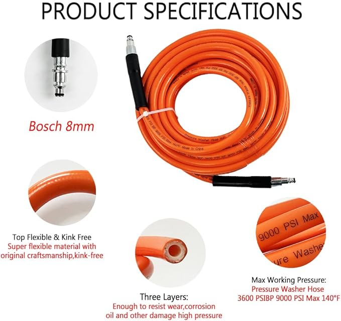 5800PSI/400Bar Ultra Flexible Pressure Washer Hose for Bosch Home Cleaning, 5M-30M High Pressure Extension Tube with Quick-Connect Adapter,(Red/Blue/Yellow/Green/Grey/Orange/Light Blue)(Orange,50FT)