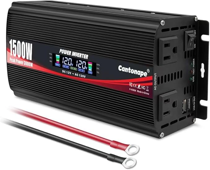 1500W Power Inverter 12V to 110V/120V Car Charger Converter with LCD Display, 3.1A Dual USB Ports 2 AC Outlets Car Adapter for RV, Truck, Solar, Off-Grid, Vehicle, Black