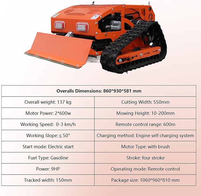 DIGMIGHT9 HP Gas RC Robotic Lawn Mower with Snow Plow - Remote Control Lawn Mower Robot, 600m Range, 21.6" Cutting Width for Slopes, Orchards & Commercial Use (Orange+Snow Shovel)