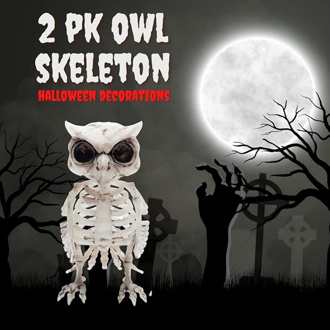 SCS Direct Owl Skeleton Halloween Decoration (2 Pack) - 6.5" Long - Weather Resistant for Indoor/Outdoor - Upgrade Your Fall Graveyard Haunted House Party Props, Trick-or-Treat Decor