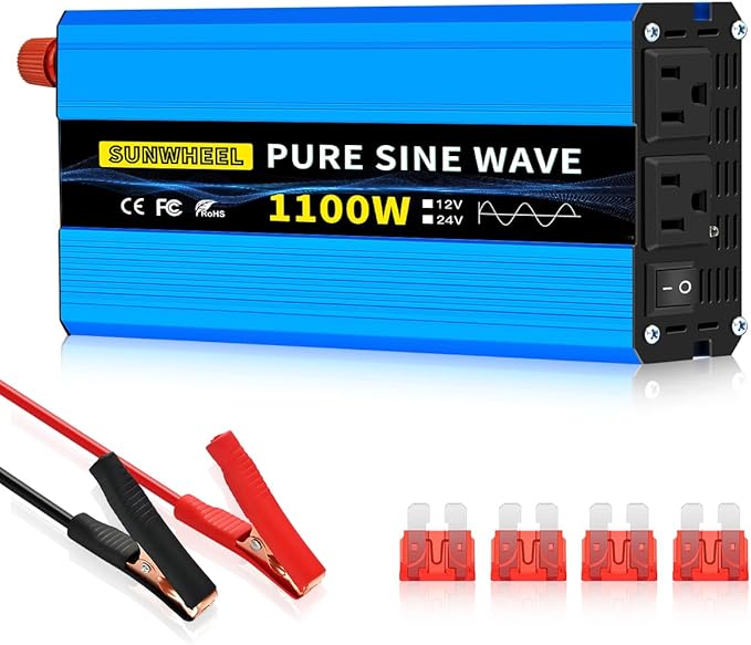SUNWHEEL 1100 Watt Pure Sine Wave Inverter, Solar Power Inverter, 12V DC to 110V AC Converter for RV, Home, Truck, Coffee Maker, Washer, TV, Fridge, Solar Power Pack with 2 AC Outlets and LCD Display