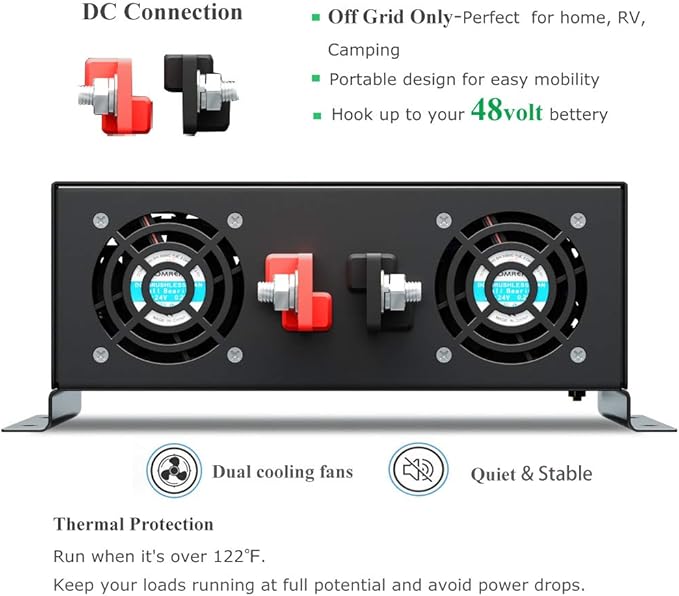 WZRELB 3000Watt Pure Sine Wave Inverter 48V DC to 120V AC with 2 AC Outlets ，HardwireTerminal Block, 2 Sets of Battery Cables for RV, Solar Syste, Camping
