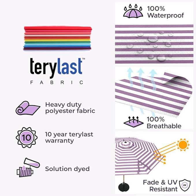 Midtown Umbrellas The Wooden 2-10 Feet Large Patio Umbrella, Terylast Purple & White Stripes Fabric, Aluminum Frame For Backyard Umbrella, Deck Umbrella, Garden Umbrella & Pool - Wooden Pole
