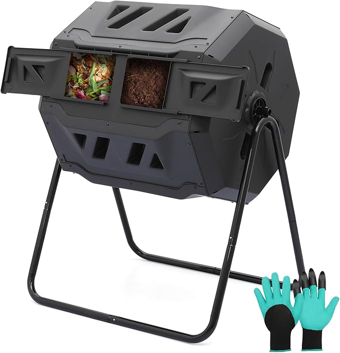 Athena Collection Compost Tumbler, 43 Gallons Dual Composter Chamber Outdoor, Easy Turn & Fast Rotating Compost Bins with 2 Sliding Doors, Easy Assembly, for Garden, Yard and Outdoor Use