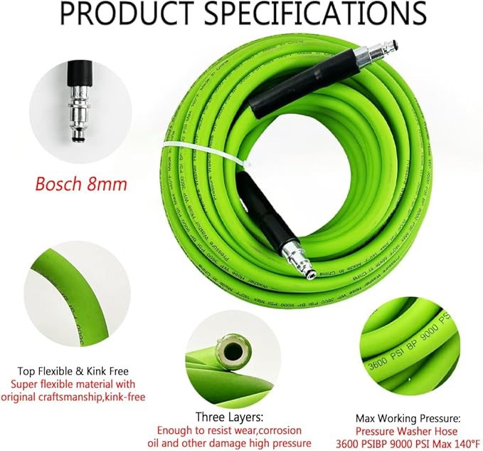 5800PSI/400Bar Ultra Flexible Pressure Washer Hose for Bosch Home Cleaning, 5M-30M High Pressure Extension Tube with Quick-Connect Adapter,(Red/Blue/Yellow/Green/Grey/Orange/Light Blue)(Green,95FT)