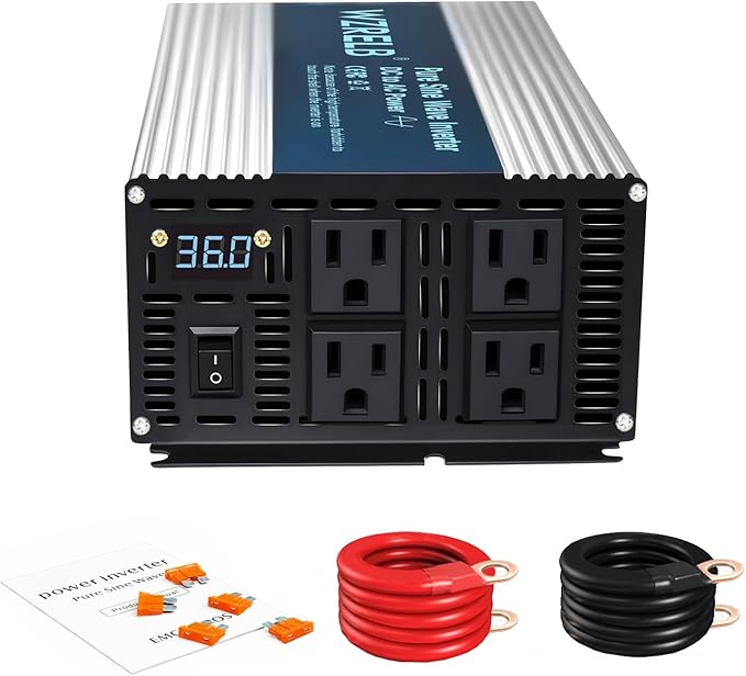 WZRELB 2000W Pure Sine Wave Inverter 36V DC to 110V 120V AC Power Converter with LED Display, Off-Grid Portable Power Inverter with 4 AC Outlets for Home, RV, Truck, Camping