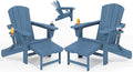 KINGYES Folding Adjustable Adirondack Chairs with Ottoman & 2 Cup Holders Set of 2, HDEP Multifunctional Adirondack Chair with Footrest, Blue
