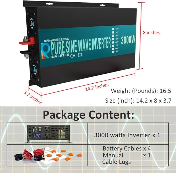 WZRELB 3000W 12VDC to 120VAC Pure Sine Wave Solar Power Inverter Homeuse Car Inverter