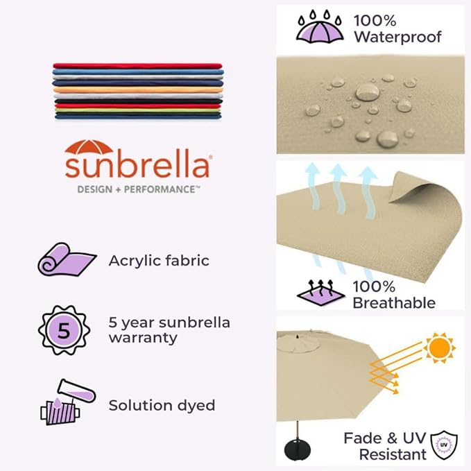 Midtown Umbrellas The Swilt 9 Feet Patio Umbrella in Sunbrella Heather Tan Acrylic Fabric - Fiberglass Ribs, Auto-Tilt Aluminum Frame For Backyard, Deck, Garden, Pool - White Pole