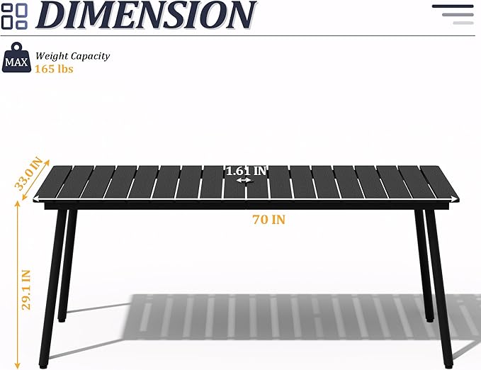 Outdoor Dining Table for 6, 70inch Patio Dining Table with Wooden-Like Top and Aluminum Frame, Rectangular Table with Umbrella Hole Outdoor Furniture, Only Table, Black