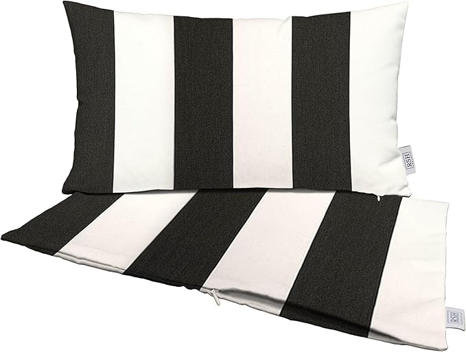 RSH DECOR: Sunbrella Pillow Covers Set of 2 | Covers Only - 20" x 12" | Outdoor Lumbar Pillow Covers Crafted with Sunbrella Performance Fabric | Cabana Classic Black Stripe