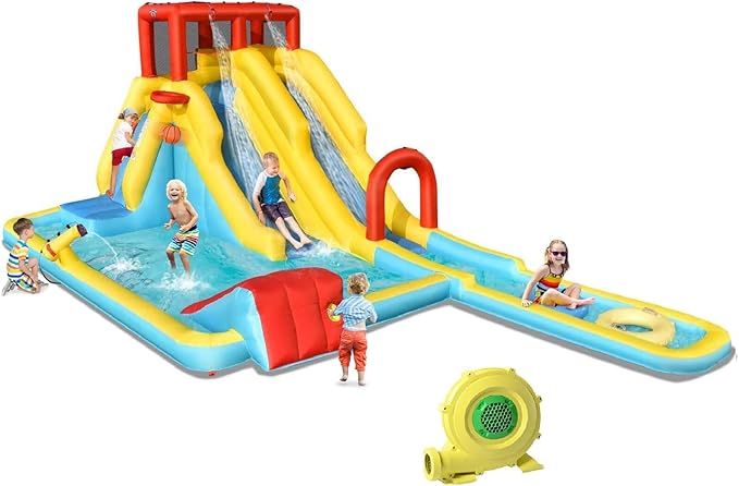 BOUNTECH Inflatable Water Slide, Dual Slides Kids Water Slide Park Jump Bouncy Castle w/2 Swimming Rings, Blower, Large Splash Pool, Backyard Outdoor Blow up Water Slides Inflatables for Big Kids