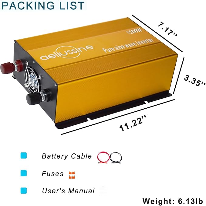 1500W Pure Sine Wave Inverter-12V DC to 110V 120V AC Power Converter with 2 AC Outlets, 12 Volt Power Inverter for Truck, Rv, Camping, Home, Emergency Power