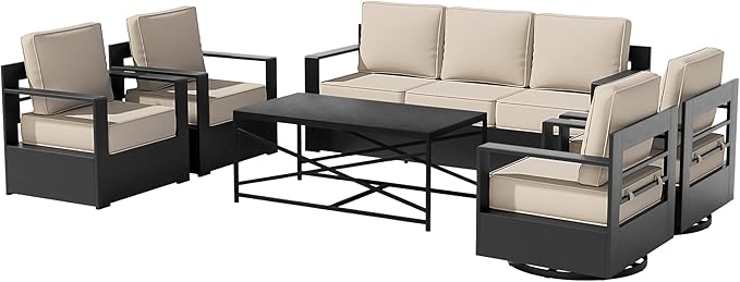 6 PCS Aluminum Patio Conversation Set - 3-Seater Sofa, 2 Swivel Chair, 2 Fixed Chair, 1 Metal Table with 6" Thick Water-insistant Cushions, All-Weather Use Removable Cover (Beige)