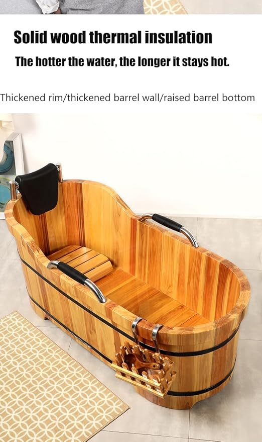 Wooden Hot Tub Bathroom Freestanding Soaking Non-Slip Bathtub Thickened Handrail Style Healthy Medicinal Bathtub For Both Adult And Child Family Members (Armrest with Cover Premium Configuration)