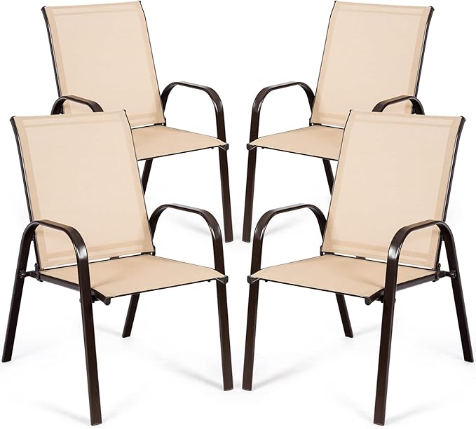 Tangkula 4 Piece Patio Dining Chairs, Outdoor Bistro Chairs W/Curved Armrests, Easy-to-Dry Fabric, Reinforced Steel Frame, Wide & Comfortable Camping Chairs for Garden, Poolside, Backyard (2, Beige)