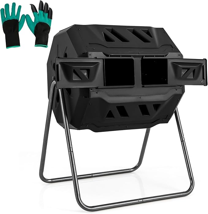 Goplus Compost Bin, Outdoor 42-Gal Dual Chamber Composting Tumbler w/2 Sliding Doors, Heavy-Duty Metal Frame, 360° Rotatable Tumbling Composter, BPA-Free Compost Tumbler for Kitchen Garden Yard Waste