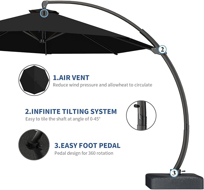 7-Piece Patio Dining Set with 11 FT Curvy Cantilever Umbrella, HDPE Tabletop & Aluminum Frame All-Weather Outdoor Furniture for Garden, Backyard, Poolside, Black