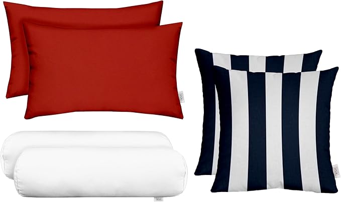 RSH DECOR: 6-Pack Red White & Blue Pillow Set | All-Weather Spun Fabric | Water & Fade-Resistant | Outdoor Pillows Lumbar, Square, & Neck Roll | Red, White, Navy Blue & White Stripe