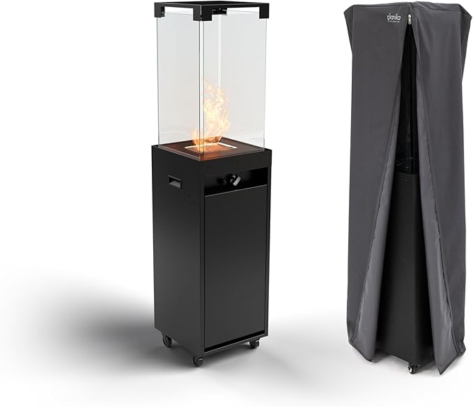 Planika Faro Propane Patio Heater 59" 32,000 BTU Modern Freestanding Glass Tower with Wheels, Smokeless 360° Flame, Cover & Regulator Included for Commercial & Residencial Outdoor Spaces