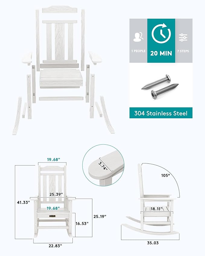 SERWALL White Outdoor Rocking Chair Set of 2, HDPE Outdoor Rocker