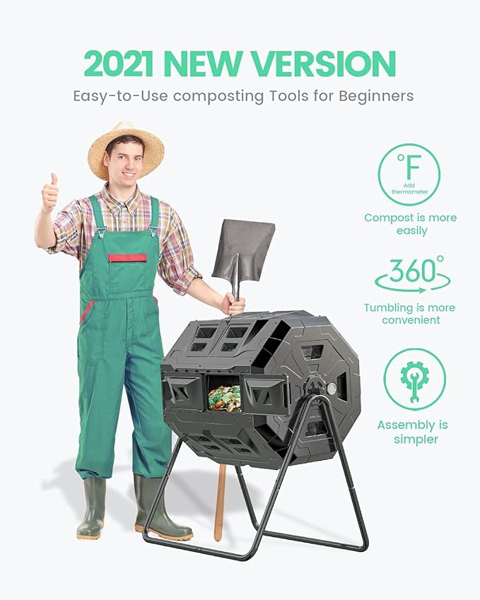 2021 Upgraded Tumbling Composter with Compost Thermometer - Dual Chamber Garden Compost Bin(43 Gal, Green)